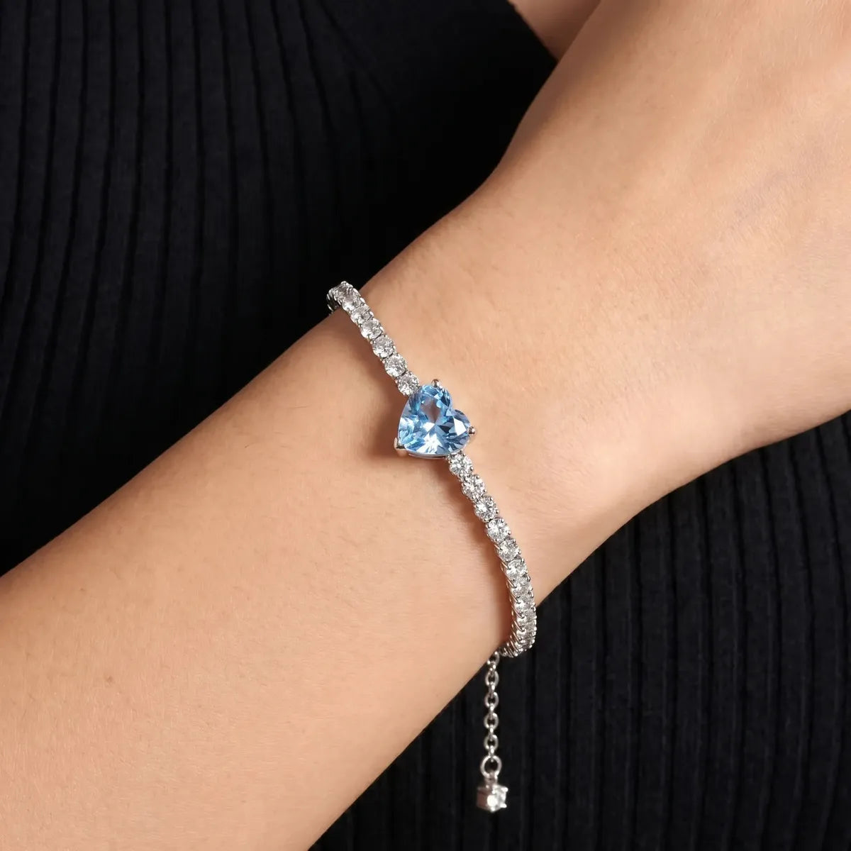 Pulsera COKARA Plata 925 Zafiro Azul Claro Diamantes Corazón Ajustable Mujer