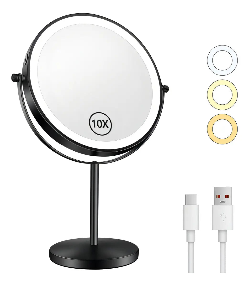 Espejo Maquillaje Ciicii con Luz LED, Aumento 10X y 3 Colores de Luz para Tocador