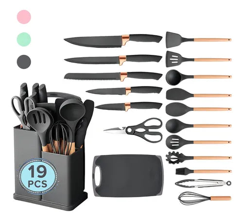 Kit Utensilios 12 Piezas Cocina Silicona Color + Cuchillos