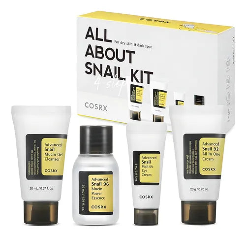 Kit de Viaje Cosrx All Snail Skincare Coreano Rutina Completa de 4 pasos Gel Limpiador Snail 96 Essence Snail 92 Crema para Ojos Hidratación Para Todo tipo de piel