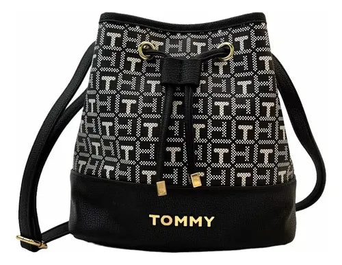 Tommy Hilfiger Bolsa Bucket Bag Negra 100% Original Negro Monogram Con Logo De La Marca Oro Negro
