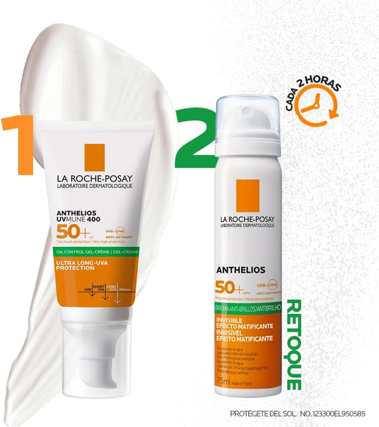 La Roche-Posay Rutina de Protección Solar para piel Grasa: Kit La Roche Posay Protector Solar Anthelios UVMUNE 400 Oil Control Gel Crema Matificante, 50ml + Anthelios Bruma ideal para retoque, 75ml