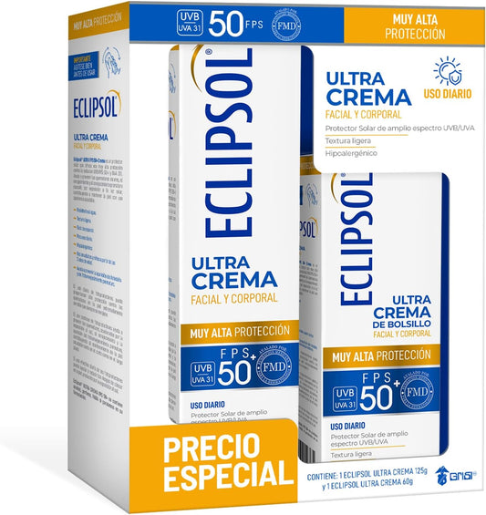 Pack Eclipsol Ultra Crema FPS 50+ Protector Solar Facial y Corporal - Fórmula Hipoalergénica, Protección UV Diaria, Textura Ligera - Pack de 2 (125 g y 60 g) | Hipoalergénico, textura ligera, resistente al agua, amplio espectro UVB/UVA