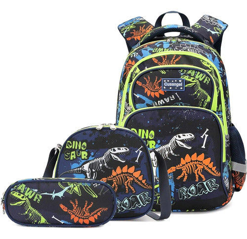 Set 3 Mochila Escolar Dinosaurio Para Niño De Primaria Impermeable Con Lapicera Y Lonchera Térmica Grande