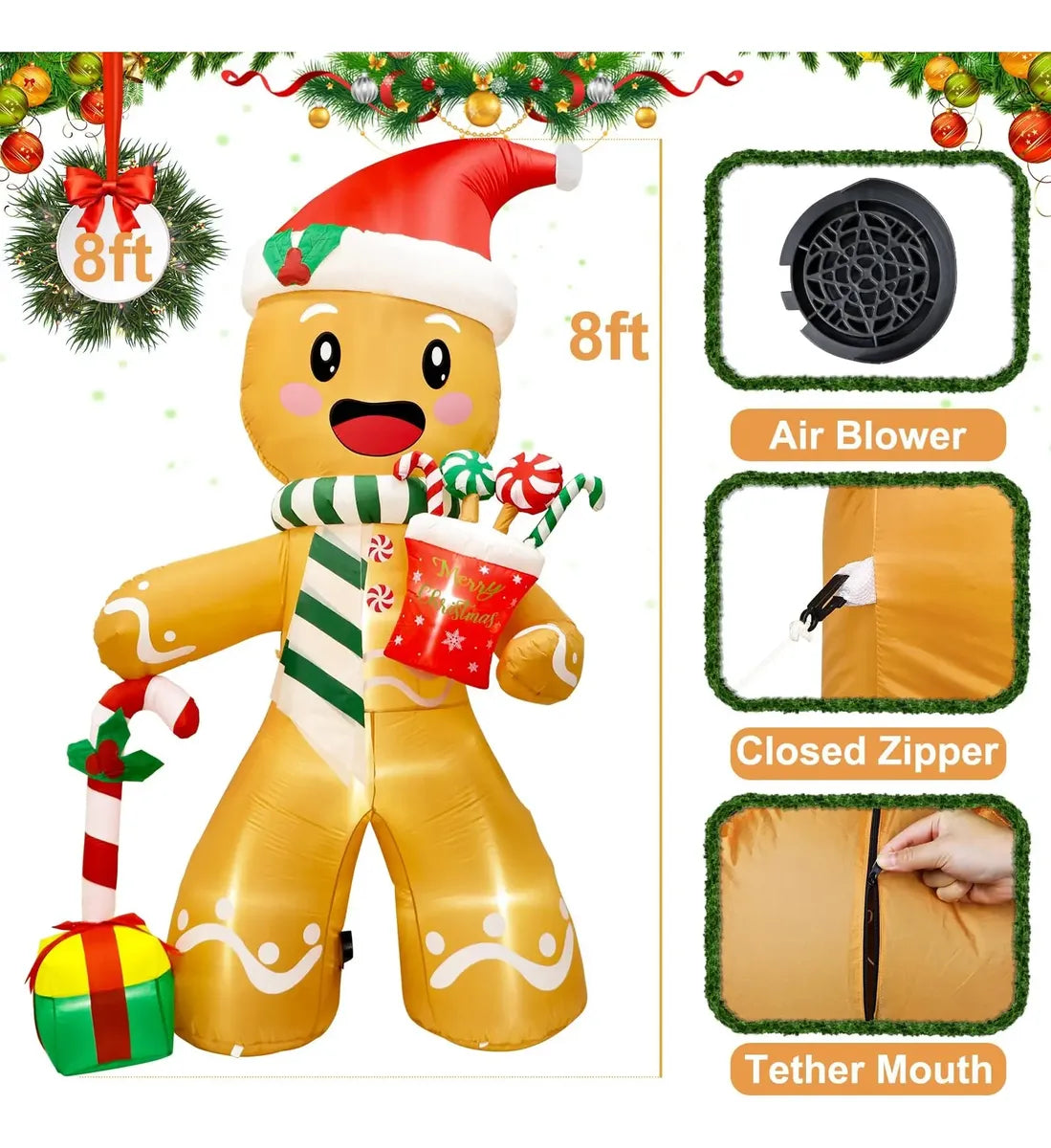 240cm Inflable Navidad Hombre Jengibre Navideño Decoraciones