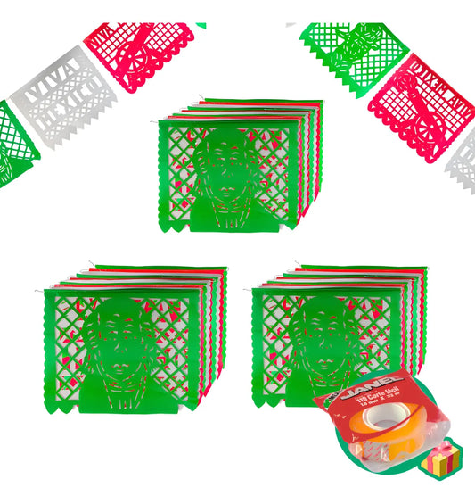 2 pzas de 15 Mts Papel Picado Plástico Mexicano Adorno Fiestas Patrias Color Tricolor Héroes