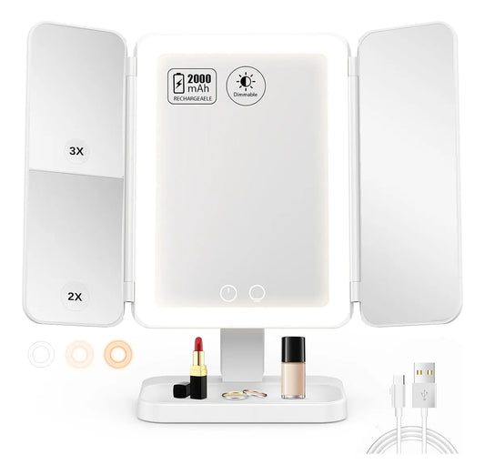 Triple Luz Recarga Espejo Para Maquillaje1x/2x/3x Blanco