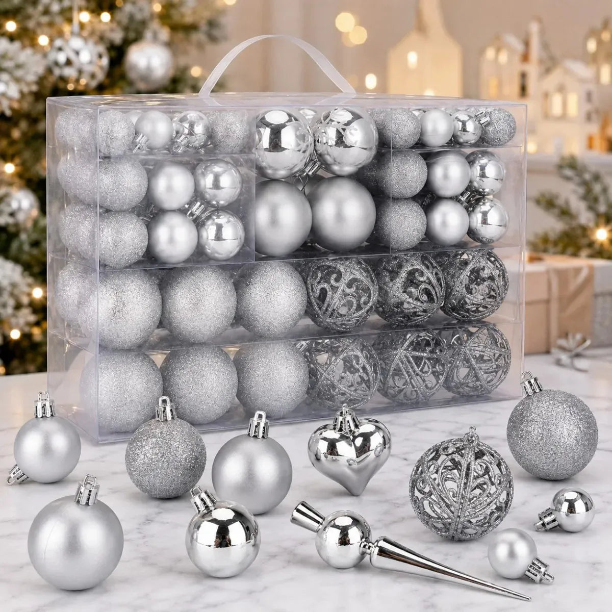 Esferas Navideñas 101pzs CM-TOP SDS4146 Adornos Para Decoración Árbol Navidad Estilos Mixtos Plateado