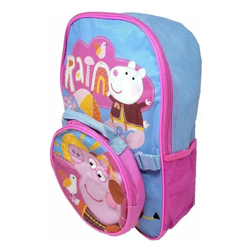 Set Mochila Y Lonchera Escolar Peppa Pig 16 Pulgadas Bolsillos Laterales Correas Ajustables Color Rosa